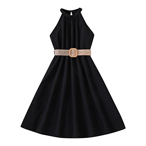 Girl's Midi Dress Halter Neck Cold Shoulder Sleeveless Summer Casual Sundress A-line Dress with Belt for 8or12