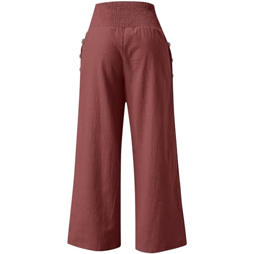 Women Wide Leg Linen Pants Smocked High Waist Stretch Palazzo Pants with Button Pockets Boho Flowy Cotton Beach Pants3