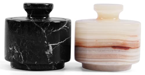 Marblous Krafts Marble Salt Cellar Set of 2 with Lids Black & White Onyx 3'