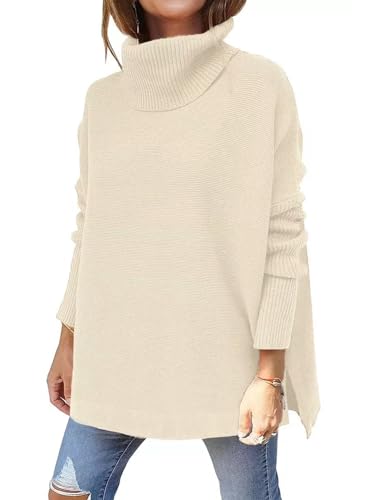 Image of yoeasy Women's Turtleneck Oversized Long Batwing Sleeve Pullover Sweater Spilt Hem Knit Sweater