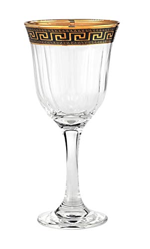 "Cristalleria Italian Decor" Crystal Water Beverage Goblet, 12 Ounce. Gold and Black Greek Key Ornament, Hand Made in Italy, Set of 6 Glasses