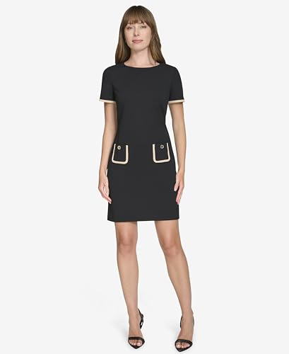 Image of Tommy Hilfiger Women's Short Sleeve Jewel Neck Contrast Piping Mini Shift Dress