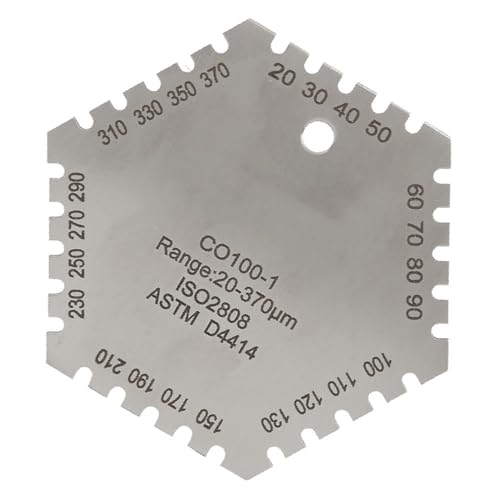 Calibrador de película húmeda CO100 de acero inoxidable para medición de espesor de recubrimientos, rango 20-370 μm, diseño hexagonal, compatible con aplicaciones industriales y de bricolaje en pintura miniatura 6