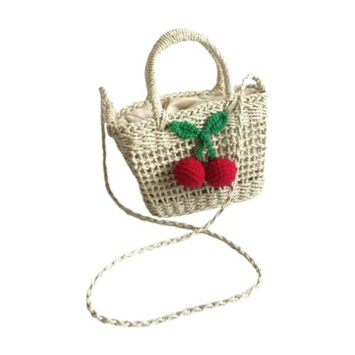 NOLITOY Handmade Portable Storage Bag for Boy Girl Straw Design Crossbody Handbag with Cherry Accents for Girls and Women for Beach and Casual Outings