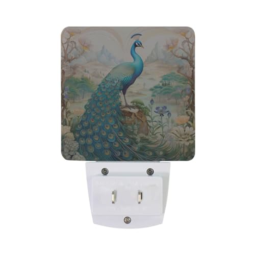 Image of Peacock Garden Night Lights 2 Pack Plug-in Wall Led Nightlight Auto Dusk-to-Dawn Sensor Lamps for Bedroom Kitchen Bathroom