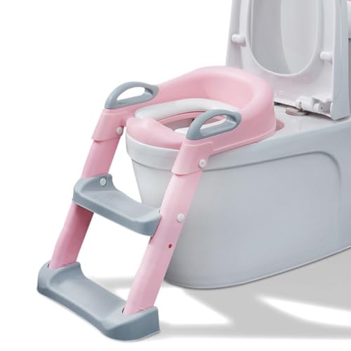 NIGOE子供用トイレトレーニングはしご 子供用トイレはしご 補助便座 ステップ 折りたたみ式 角度調整 トイレトレーナー 子供 幼児 トイレ階段タイプ 組み立て簡単 (ピンク,PVCクッション)