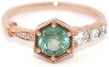 Teal Montana Sapphire Ring, 1 carat Montana Sapphire Engagement Ring, One Of A Kind Cluster Ring, Teal Green Sapphire Hexagon Ring
