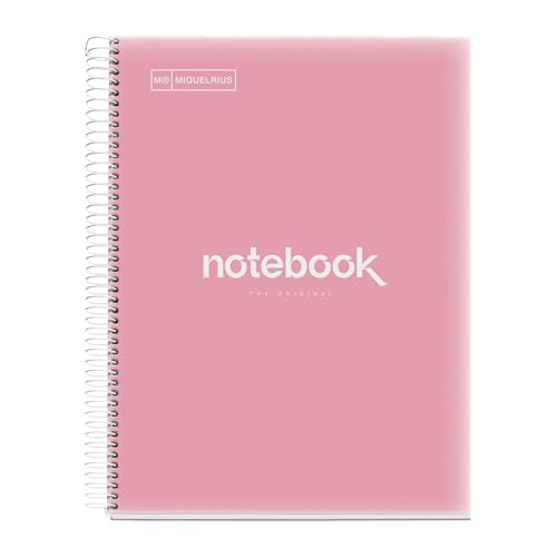 Miquelrius   Cuaderno A4 Notebook Emotions, 120 Hojas 90 g/m², Cuadrícula 5 x 5 mm, 5 Franjas de Colores, Espiral Microperforado, Tapa Polipropileno, 4 Taladros, Color Rosa