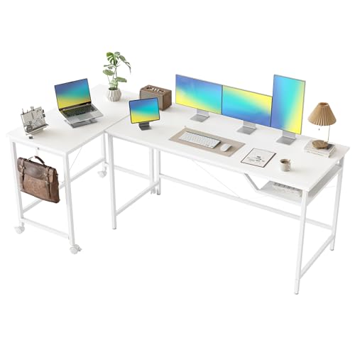 Mericonia 190 cm Computertisch mit Rollen, umschaltbarer L-förmiger Spieltisch, Homeoffice-Arbeitstisch mit 2 V-förmigen Stangen für das Homeoffice, Studentenarbeitszimmer, Weiß