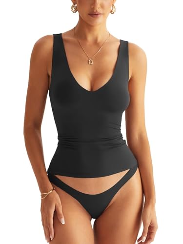 Womens V Neck Tank Tops Sleeveless Double Lined Basic Tops Slim Fit Summer Shirts 2025