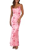 PRETTYGARDEN Women's 2025 Summer Floral Spaghetti Strap Maxi Dress Stretch Sexy Bodycon Dress Backless Slip Long Dresses (Pink Red Flower, Medium)