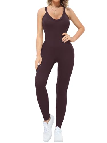 VUTRU Women’s Jumpsuits Cross Strap One Piece Bodysuit Sexy Workout Tummy Control Athletic Sleeveless Romper, Dark Brown XL