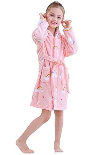 Image of Umeyda Girls Fleece Hooded Robes, Warm Printed Bath Robe for Kids Soft Fuzzy Bathrobe for Gifts