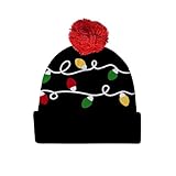 Livcoz Black Christmas Knit Beanie for Adult Men Women, Xmas Colorful Lights Cuffed Stretchy Woolen Yarn Winter Warm Hat with Pompom, Funny Soft Knitted Crochet Cap