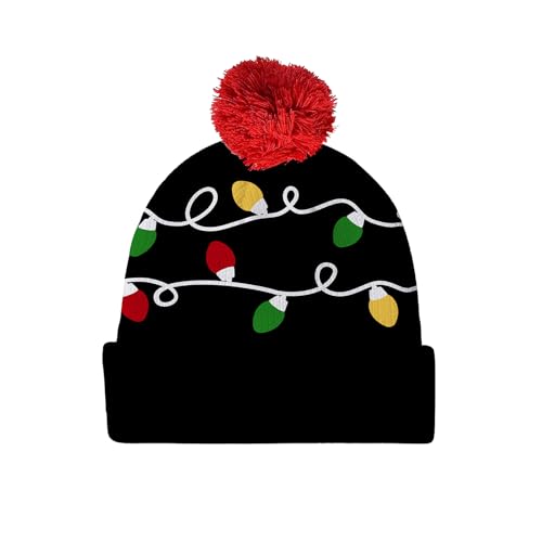 Livcoz Black Christmas Knit Beanie for Adult Men Women, Xmas Colorful Lights Cuffed Stretchy Woolen Yarn Winter Warm Hat with Pompom, Funny Soft Knitted Crochet Cap