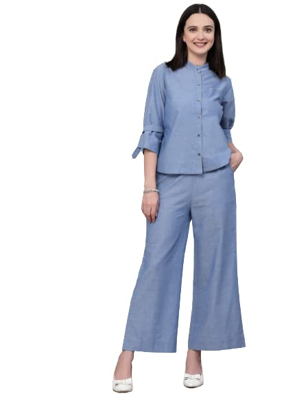 Women Blue Chambray Relax Fit Shit and Pant Co-Ord Set-image-24