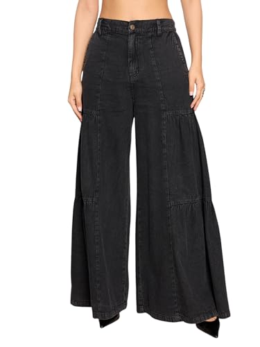 Image of Sassafras Women's Flared Washed Gathered Front - Casual Streetwear Denim Wide Leg Jeans