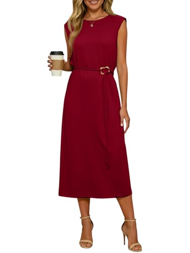Wenrine Womens Sleeveless Midi Dress Summer Work Office Back Slit