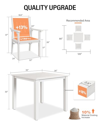 Image of YEFU HIPS Patio Table Set: 5 Piece Outdoor Square Table and Chairs with Metal Aluminum Frame - White Modern Plastic Patio Dining Furniture Set 4 Person for Outside Deck