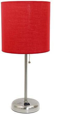 Limelights LT2024-RED Brushed Steel Stick Table Desk Lamp with Charging Outlet and Drum Fabric Shade, Red