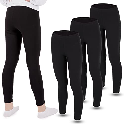 LOREZA® 3 niñas Leggings Conjunto Largo algodón Opaco Ocio Pantalones (140-146 (10-11 años), Negro)