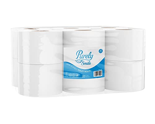 Blake & White 2 Ply Mini Jumbo Toilet Rolls 12 Pack - Purely Smile 60mm Highly Absorbent Toilet Paper for Home and Leisure Centers - 150m Ultra Durable Tissue Roll - PS1130