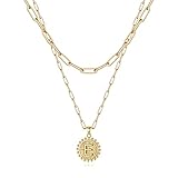 Gargantilla con capas para mujer chapado en oro de 14 quilates delicada cadena de clip de papel collar simple ajustable con inicial colgante de moneda collares de cadena de oro con capas para mujer