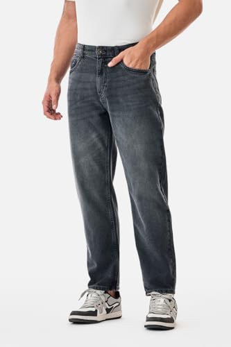 Image of SNITCH Men Casual Jeans | Relaxed Fit Straight Leg Washed Pattern & Drawstring Closure | 100% Cotton Denim Fabric for All Day Comfort & Everyday Wear
