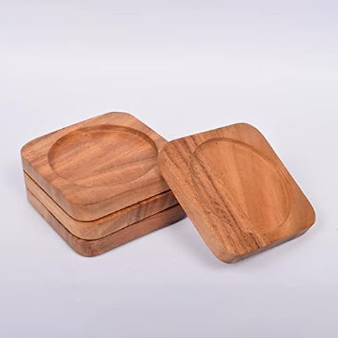 Samhita Acacia Wood Coasters Set Natural Wooden Drink Coasters Set Protects Surfaces from Stains & Scratches (10.16cm x 10.16cm x 1.27cm, Set of 4) Cover