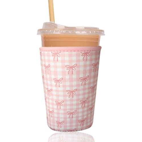 Image of Reusable Insulated Sleeve for Iced Coffee Cup, Coffee Neoprene Sleeve for Cold & Hot Drinks, Beverage Holder for Iced Coffee (Lovely Bows, Medium: 22-24oz)