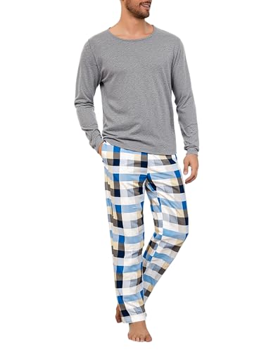Uniexcosm Pijama de Hombre Algodón de Cuadros Manga Larga Con Bolsillo Ropa de Casa Cuello Redondo Conjunto Suave Para Casual Hogar A:PAT3 XXL