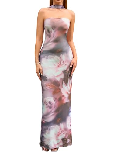 Image of HTZMO Women Elegant Summer Bodycon Maxi Dress Halter Neck Formal Wedding Guest Cocktail Party Long Dresses