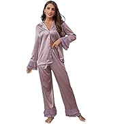Verdusa Women's Satin Notch Collar Blouse and Ruffle Hem Pants PJ Set