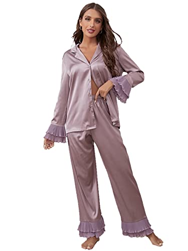 Verdusa Women's Satin Notch Collar Blouse and Ruffle Hem Pants PJ Set
