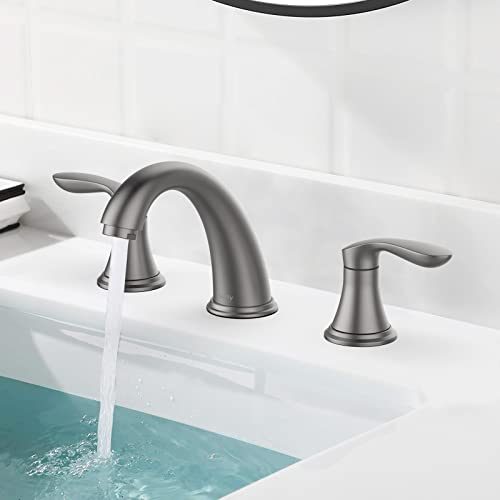 Bathroom Sink Faucet, Faucet for Bathroom Sink, Widespread Gun Grey Bathroom Faucet 3 Hole with Stainless Steel Pop Up Drain and cUPC Lead-Free Hose - (Gun Grey 2 Packs)