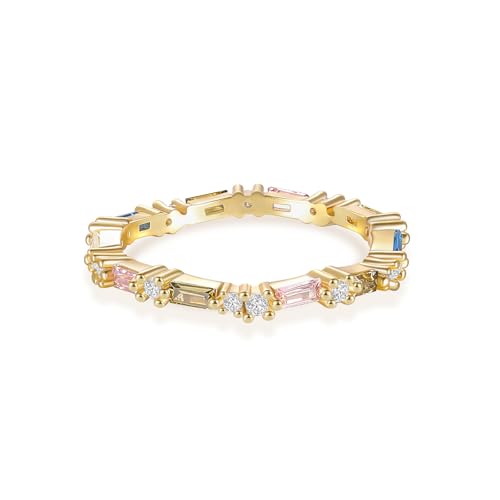 SHINYSO Rainbow Eternity Engagement Ring for Women Colorful Baguette Princess Cut Cubic Zirconia CZ Stackable Wedding Band Promise Rings Size 4-11 (Multi-color,size 7)