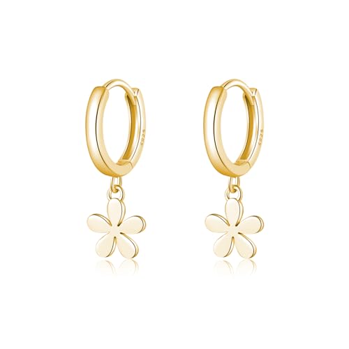 Reffeer Solid 925 Sterling Silver Tiny Daisy Dangle Hoop Earrings for Women Teen Girls Flower Huggie Earrings Small Hoop