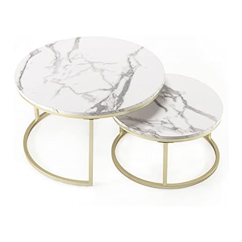 HOMOPIV Couchtisch rund 2er Set, Satztische fürs Wohnzimmer, Beistelltisch für Schlafzimmer Balkon, Wohnzimmertisch mit goldem Metallrahmen, weißes Marmor Muster Cover