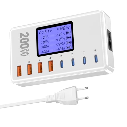 Stazione di ricarica da 200W,Caricatore USB Multiplo con 4 porte Caricatore USB C e 4 porte Caricatore USB,Caricabatterie supporta la PD/PPS/QC,Alimentatore USB per iPhone 16,Samsung,Pixel,iPad,ecc.