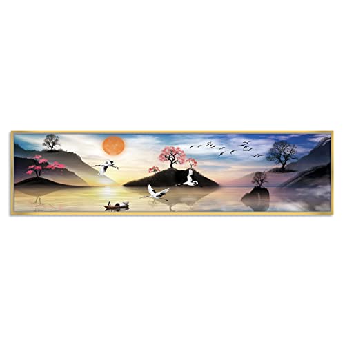Image of Mountain & Lake Landscape Large Canvas Painting Framed Panel Wall Painting, Framed Luxury Paintings for Home Decoration, Living room, Bedroom and Office Decor - Multi, 13x47 Inch