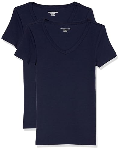 Amazon Essentials Women's 2-Pack Slim-Fit Short-Sleeve V-Neck T-Shirt Shirt, -Navy/Navy, Medium