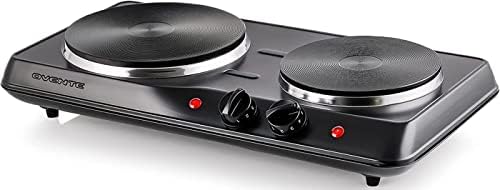 Ovente Double Cast Iron Burner 7 & 6 Inch Hot Plates, 1700W Electric Countertop Stove for Cooking, Portable Cooktop with Temperature Control and Easy to Clean Stainless Steel Base, Black BGS102B