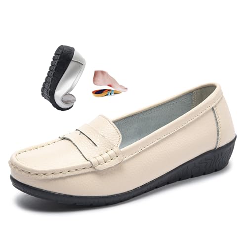 Women's Orthopedic Loafers in Breathable Leather, Wide Fit Leather Loafers Classic Moccasins Driving Work Office Nursing Shoes (Beige,6.5)