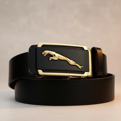 Image of Nexbelt Men's Leather Belt, Black with Gold Leaping Jaguar Automatic Buckle, Formal Style