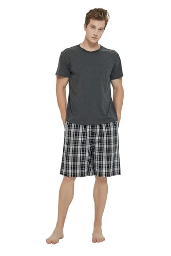 GLOBAL Men's Short Pajama Sets Soft Top & Lightweight Shorts Sleepwear Elastic Waistband PJs S-XXL