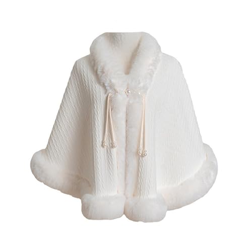 Elegant White Faux Fur Shawl for Women Free Size Cape (25.5 x 39.5 in) - Winter Faux Fur Coat for Women with Pearl Details