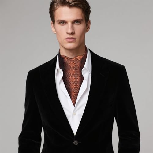 Image of Hi-Tie Silk Ascot for Men Self Tie Men's Cravat and Flower Lapel Pin Handkerchief Cufflinks Set for Wedding Party