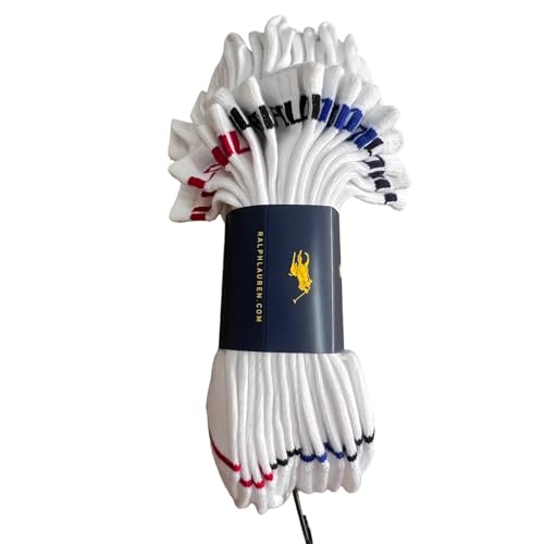 Image of POLO RALPH LAUREN 8 Pair White Tab No-Show Low-Cut Ankle Socks, Multicolor Trim (Red, Blue, Black, Navy), ZP827511PKN8, Size 10-13