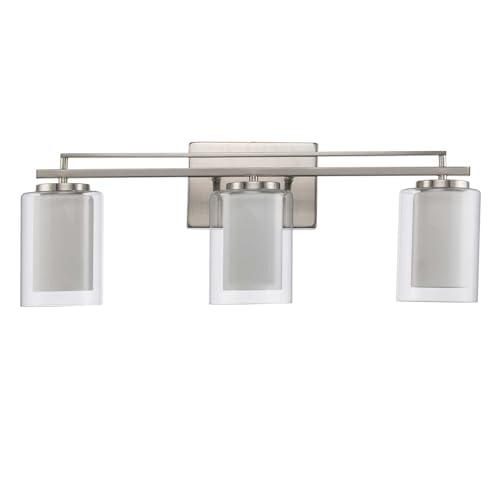 Image of TRANS GLOBE 22483 BN I Lisbon Collection 24 Inch Three-Light Bathroom Vanity - in a Brushed Nickel Finish | Metal Housing I Clear & Frosted Shades I Modern Contemporary Light Fixture |