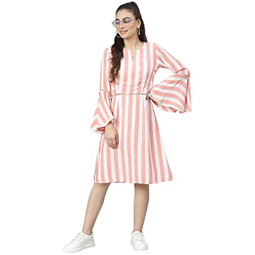 Image of DEEBACO Women's A Line /Fit & Flare Knee Length Dresses for Women Bell Sleeve Printed Striped Dress Midi for Girls Western Lace Dresses (Pink, Blue, Green, Yellow)